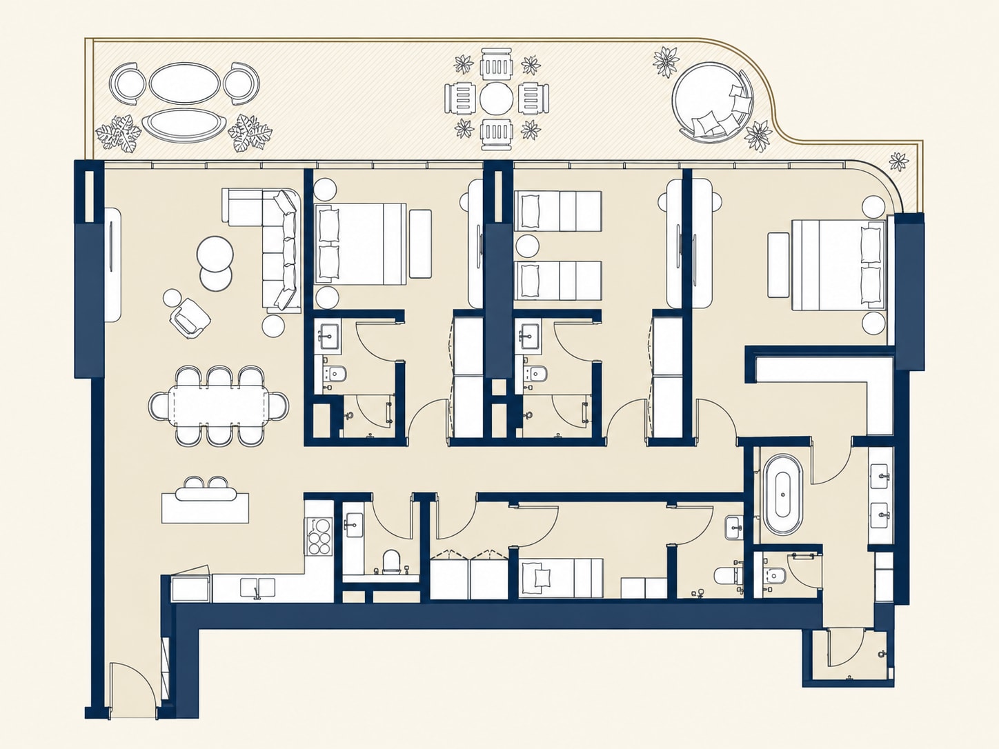 3-bedroom Address Residences floor plan redrawn from the supplied plan in navy and ivory