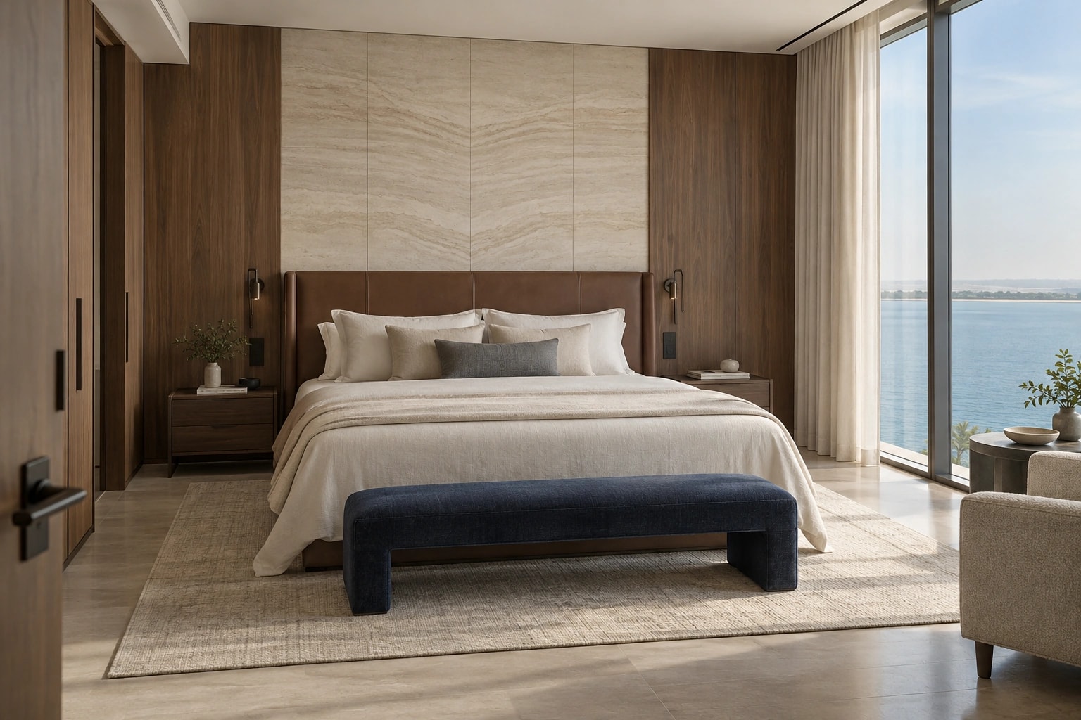 A complete waterfront bedroom with walnut joinery, linen bedding and natural daylight
